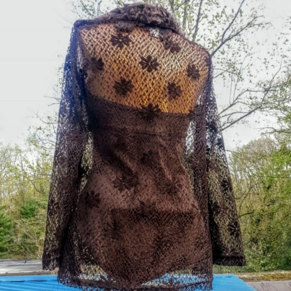 Vintage brown net tie-front faux fur collar coverup NWT - Picture 2 of 7